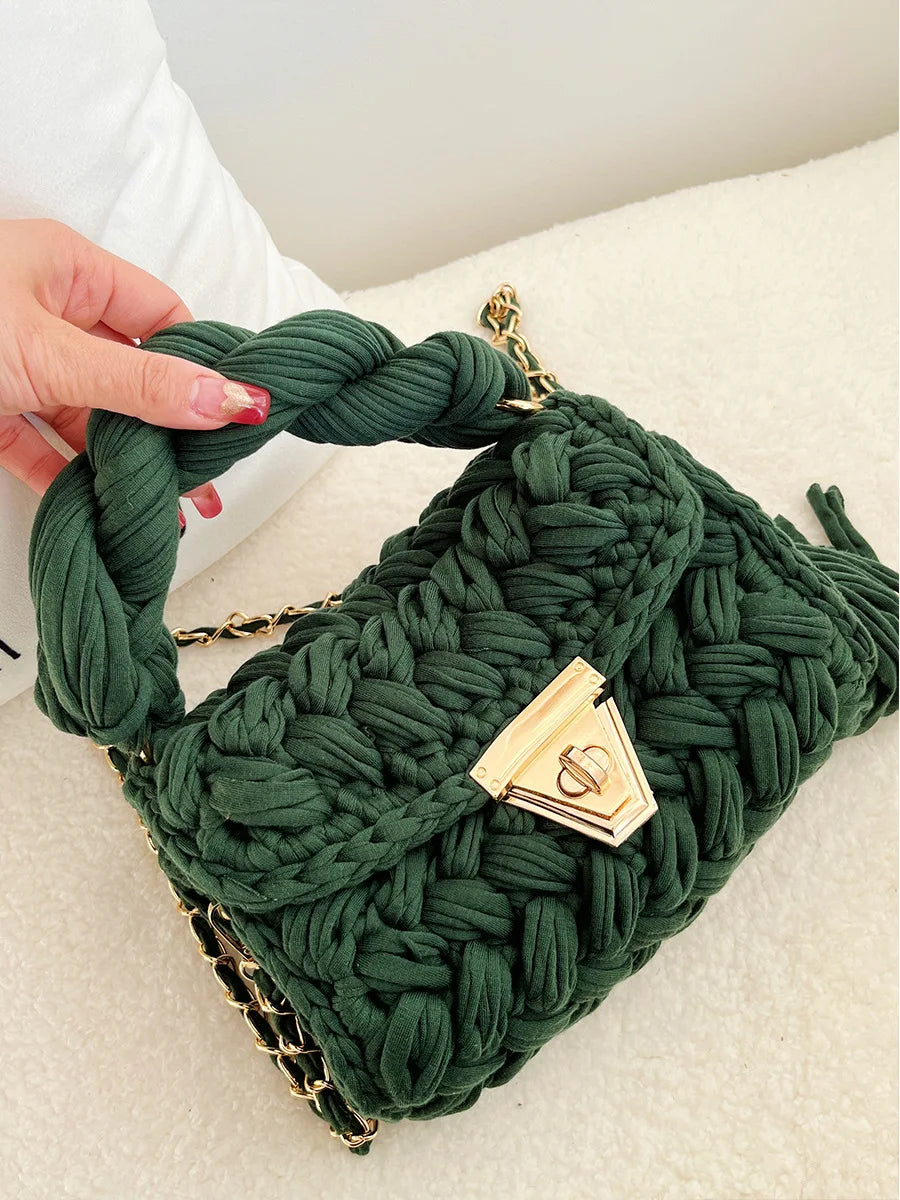 New Handmade Woven Women's Crossbody Bags Thread Hook Knitted Shoulder Bag Colorful Strip Chains Bags for Women Small Purses