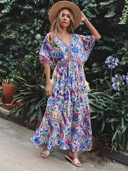Robe Maxi Vintage Chic pour Femme, Imprimé Floral Paon, Manches Chauve-Souris, Bohème, Col en V, Pompon, Plage, Été