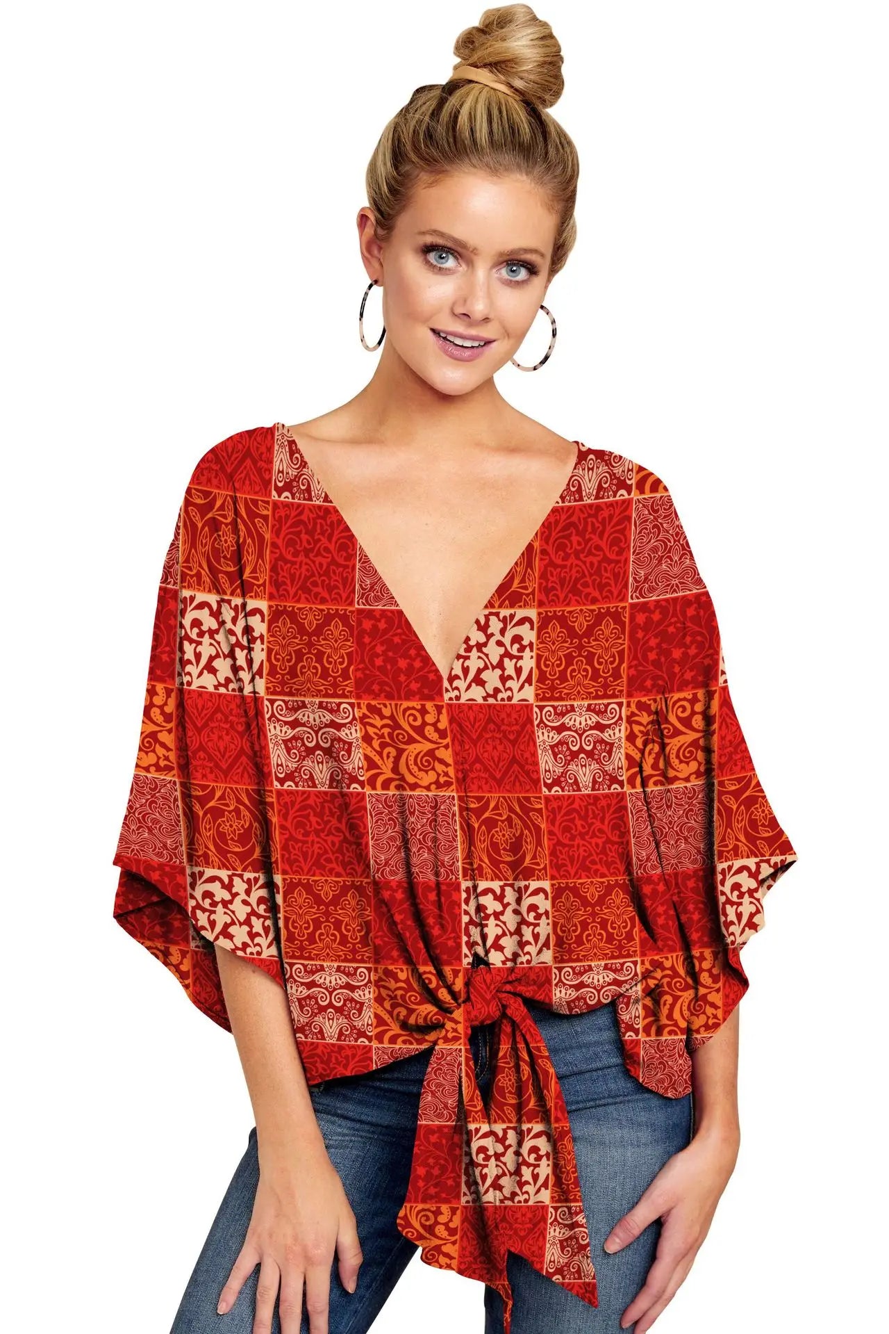 Spring Summer 2024 New Women's Shirt Sexy V-neck Short Sleeved Fashionable Printed Knot Printed  Sleeve Top
