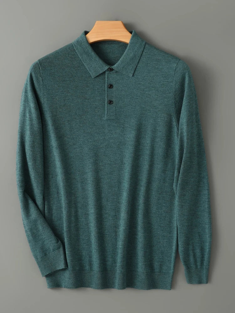 Spring Autumn Men Shirt  Merino Worsted Wool Knitted Pullover Long Sleeve Polo-Collar Clothing Tops Smart Casual Thin Outerwears