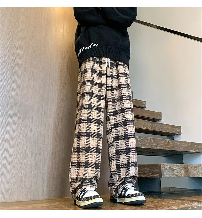 New Y2K Vintage Plaid Baggy Pants Men's High Street Woolen Straight-leg Trousers Autumn Korean Fashion Hip Hop pantalones hombre
