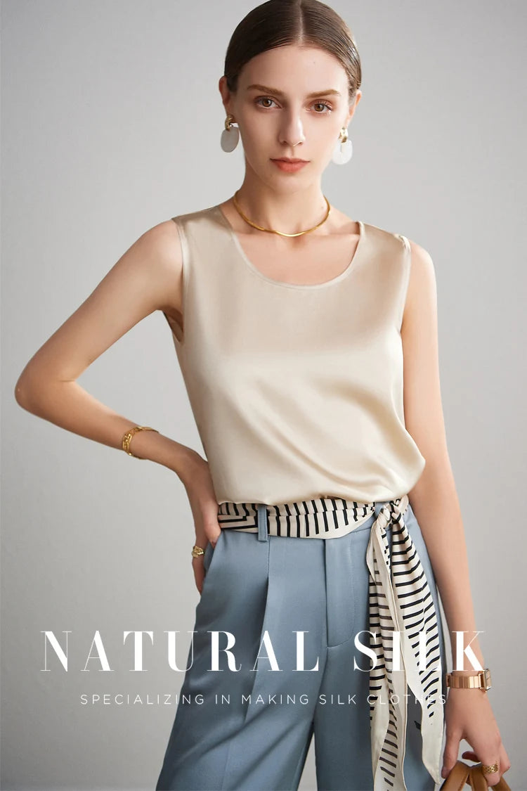SuyaDream. Débardeur basique confortable pour femmes, 100% soie véritable, t-shirt Chic sans manches à col rond, gilets d'été solides 2025, blanc, rose, Beige