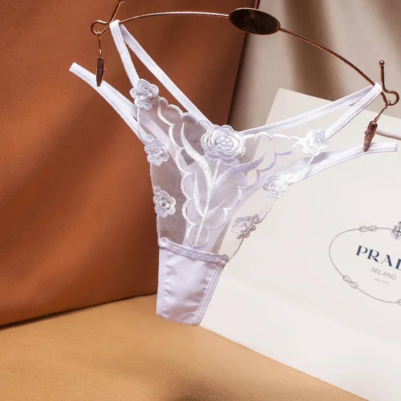 New Women Sexy Embroidered Ladies Thong Transparent Mesh Florid Strap Temptation Low Waist Panties Female Hot T Pants Large Size