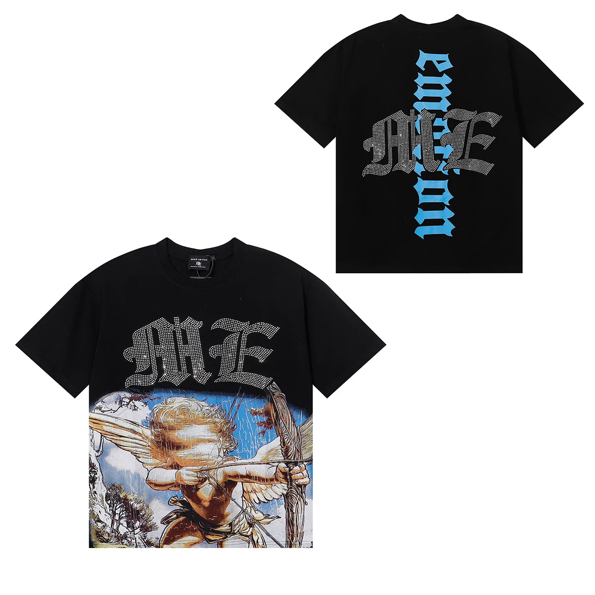 Summer Letter Rhinestone Short Sleeve Tshirts for Men White Streetwear Cotton Loose Crew Neck Top Tees Oversized Unisex Tshirt