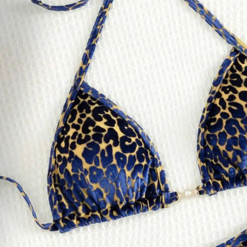 2Pcs/Set Women Bikini Set Leopard Print Halter Bra Faux Pearls Briefs Set Quick Drying Two-piece Lady Swimsuit Beachwear