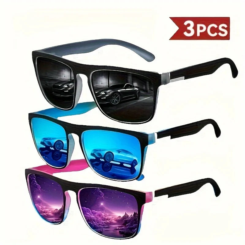 3pcs Stylish Sports Fashion Sunglasses for Cycling, Golf & Outdoor Activities - Black Frame with Blue, Purple & Pink Lenses