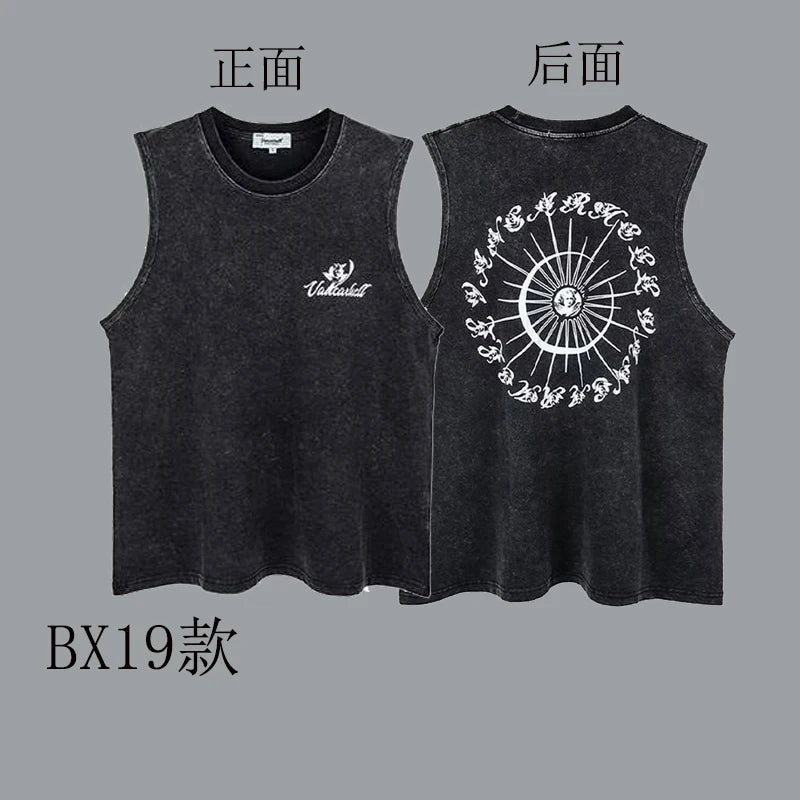 100% Cotton Hiphop Washed and Old Sleeveless T-shirt Men's Trendy Hip-hop Outer Wear Loose Sports Vest