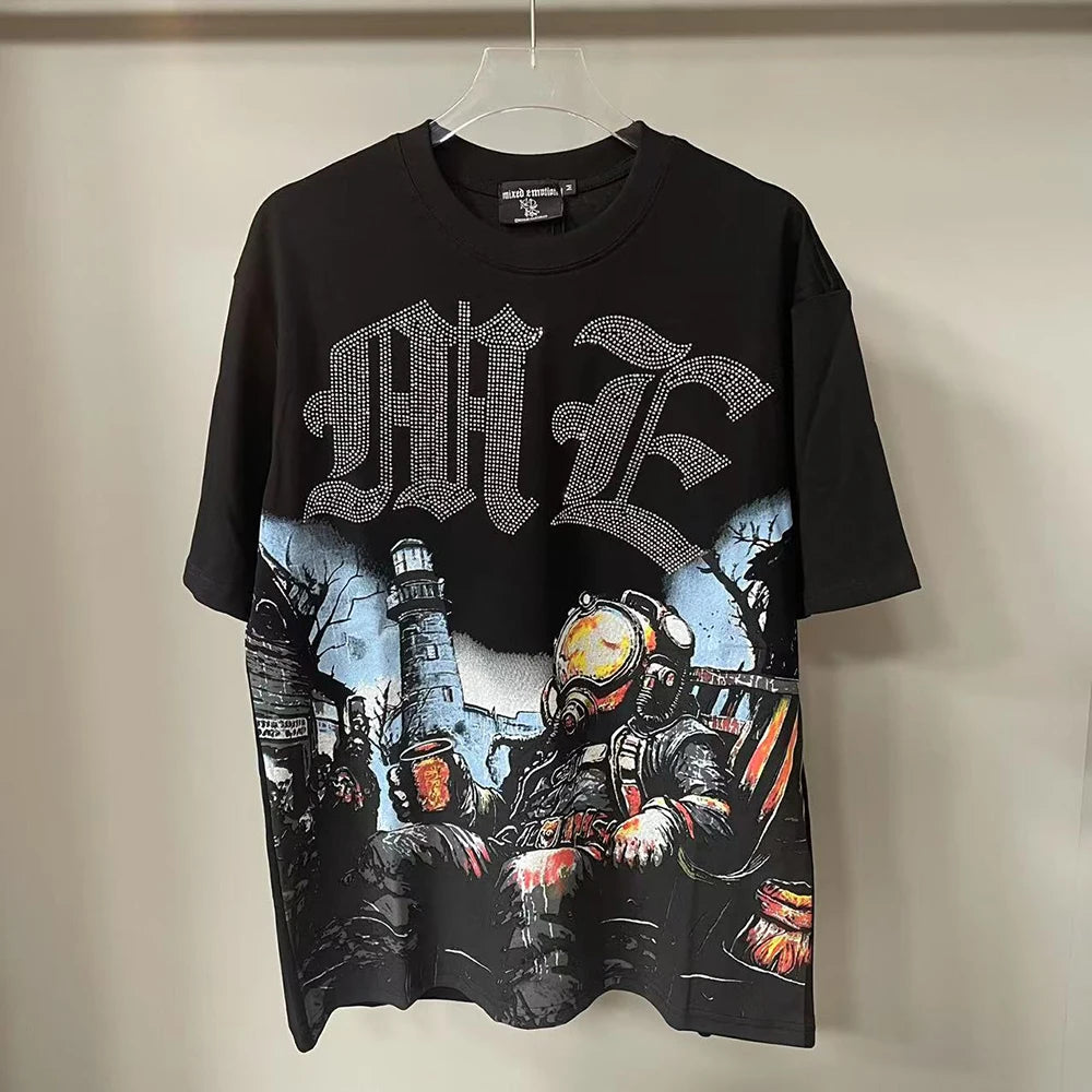 Summer Letter Rhinestone Short Sleeve Tshirts for Men White Streetwear Cotton Loose Crew Neck Top Tees Oversized Unisex Tshirt