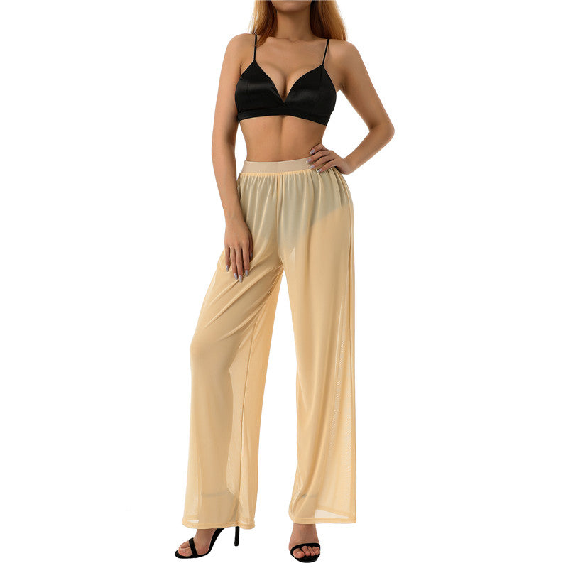 Women See Throug Mesh Cover up Pants Swimsuit Bikini Bottom Cover up Elastic Waist Loose Wide Leg Long Palazzo Pants Trousers
