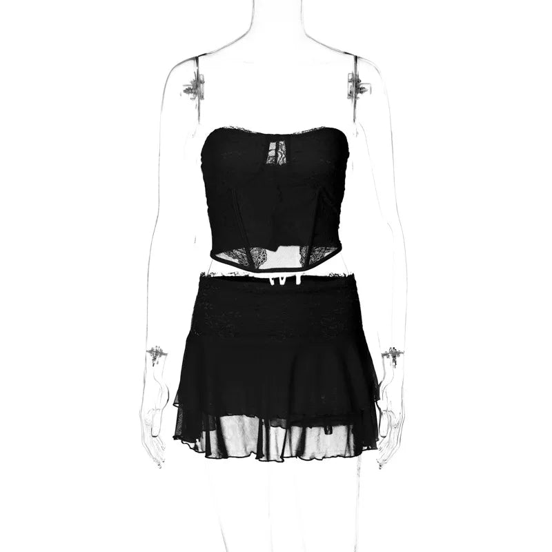 Two Piece Sets Y2k Lace See Through Sexy Camisole Bustiers Womens Sexy Double Layer Mini Skirts Chic Beachwear Crop Top Summer