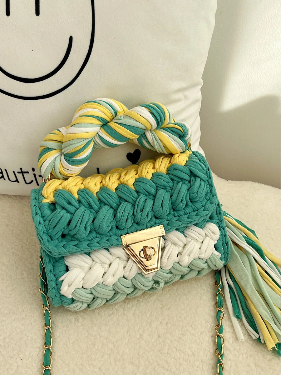New Handmade Woven Women's Crossbody Bags Thread Hook Knitted Shoulder Bag Colorful Strip Chains Bags for Women Small Purses
