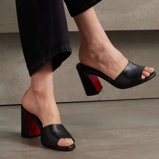 Soft Leather Jane Mules Open Toe Slippers For Women Shoes Sandals Block High-Heel Women's Shoes Wedding Peep Toe Zapatos Mujer
