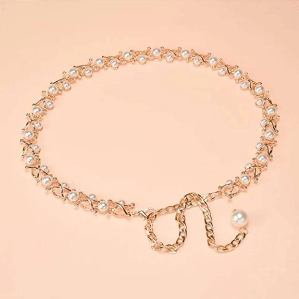 Women Metal Chain Dress Belt Bead Pendant Sweater Belt Decorated Waist Belt