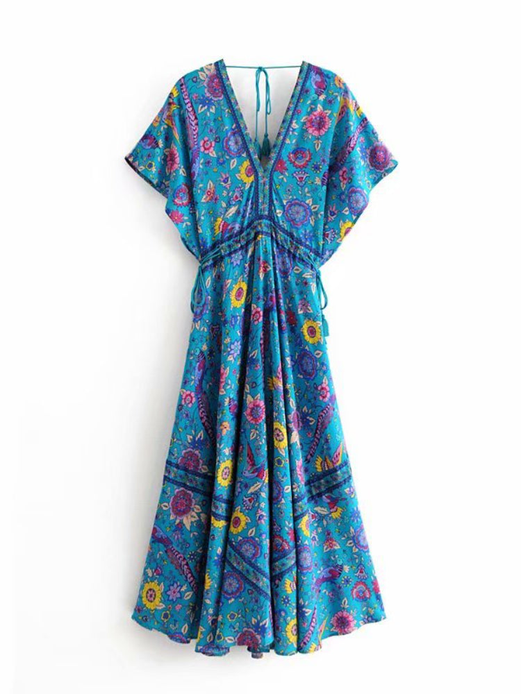 Robe Maxi Vintage Chic pour Femme, Imprimé Floral Paon, Manches Chauve-Souris, Bohème, Col en V, Pompon, Plage, Été