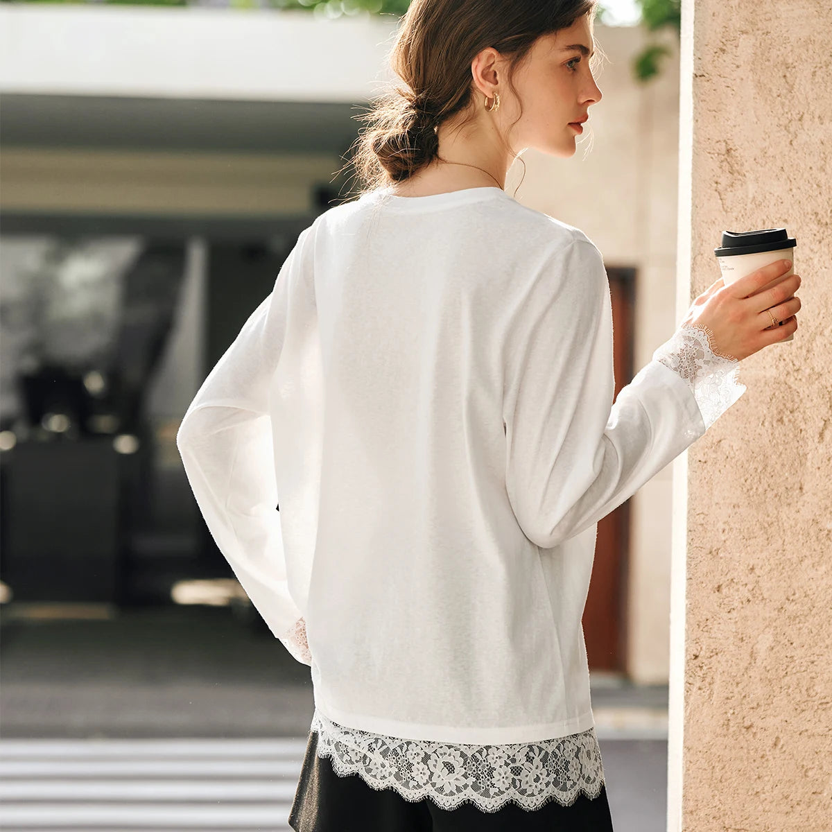 OLrain Cotton White T-shirt Women 2025 Autumn Casual Loose Tee Shirt Crewneck Lace Long Sleeve Tops Woman Clothing N57CT95669