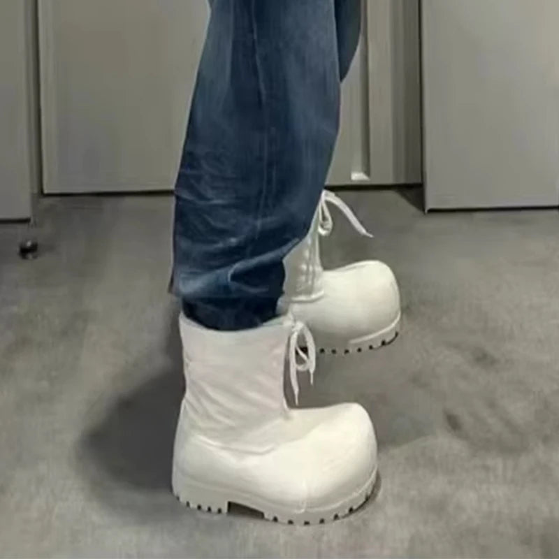 Unisex Big Head Botas Mujer Designer Drawstring Snow Boot Waterproof Anti-slip Warm Padded Thickened Platform Bottom Ankle Shoes