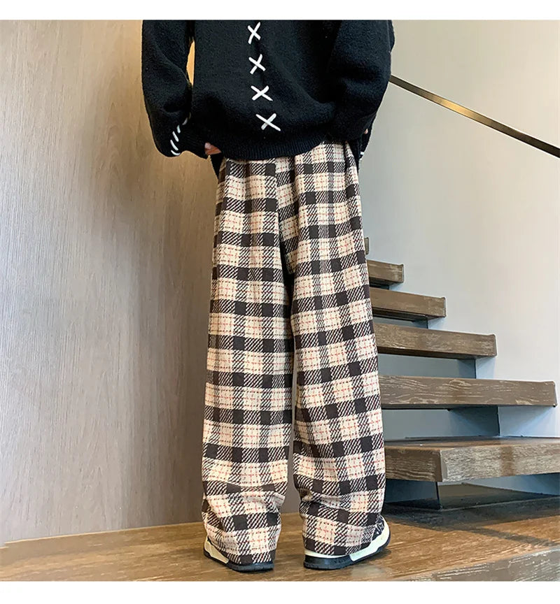 New Y2K Vintage Plaid Baggy Pants Men's High Street Woolen Straight-leg Trousers Autumn Korean Fashion Hip Hop pantalones hombre