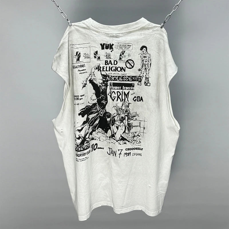 Hip Hop Vintage Washed Black Damaged Hole Tank Men Women Top Quality Cotton Oversized Saint Vest Stitching Sleeveless T Shirt
