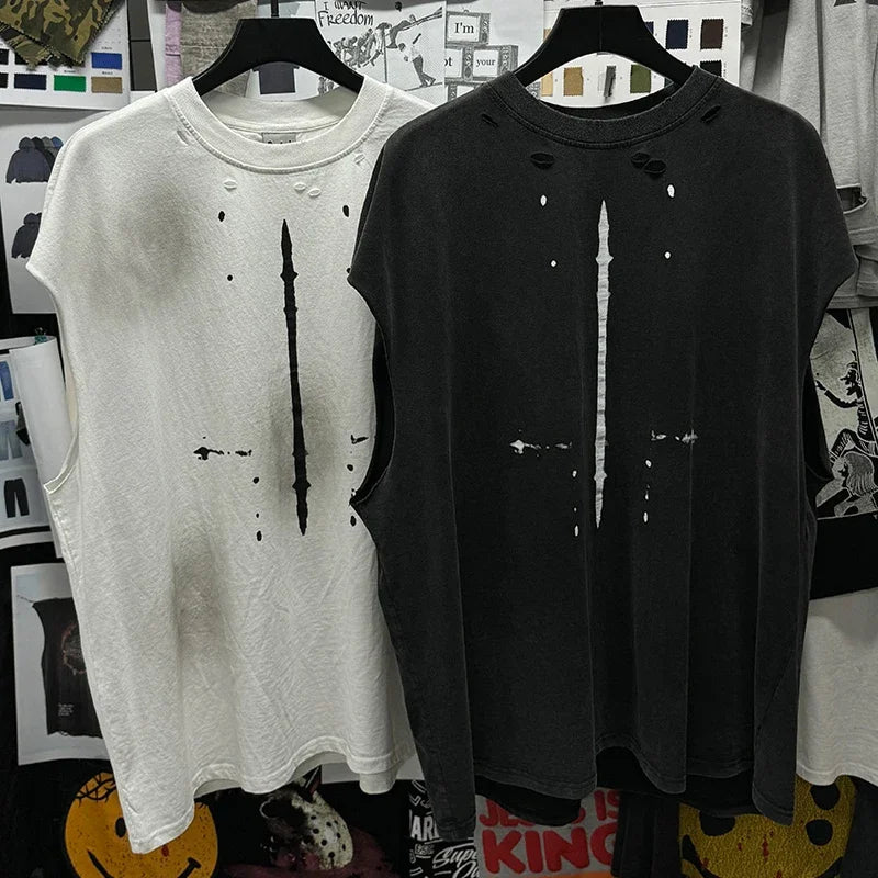 Red Skull Finger Print Damaged Hole Saint Tank Tee Men Women Streetwear Oversized Vest Vintage Washe Black Sleeveless T Shirt