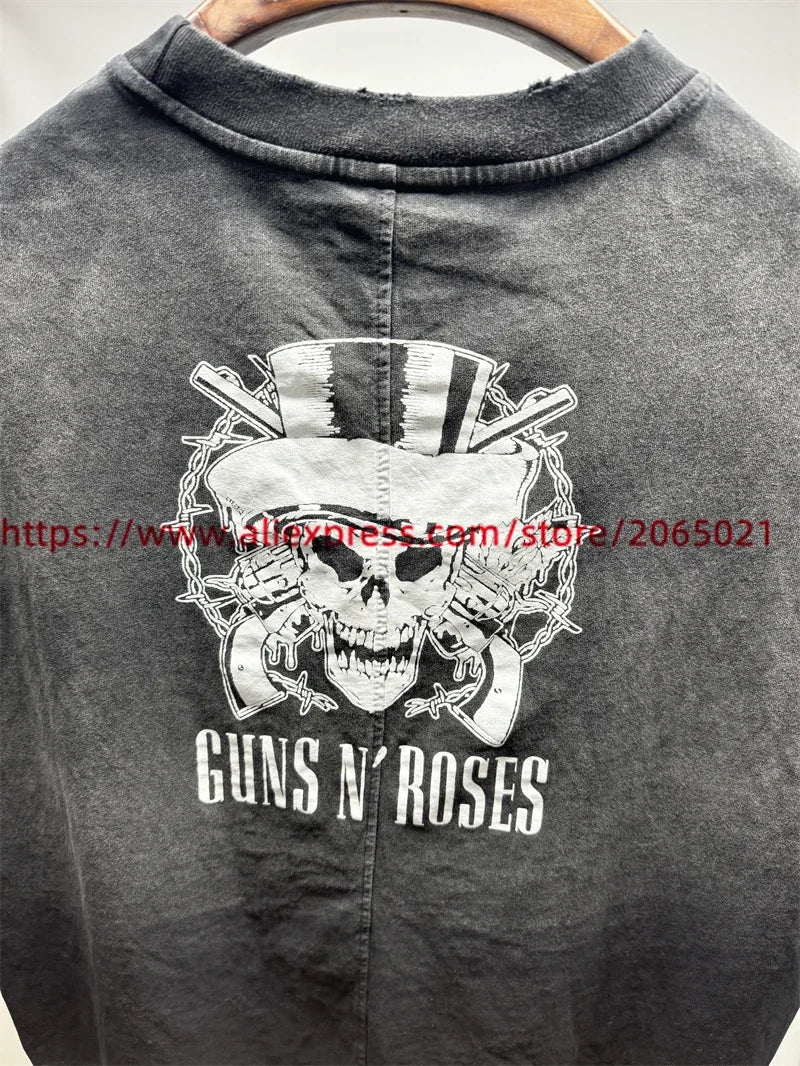 Vintage SAINT Guns N Roses Washed T-Shirts High Quality Dirty Soil Spray Hand Worn Tank Top T Shirt Tee Tops