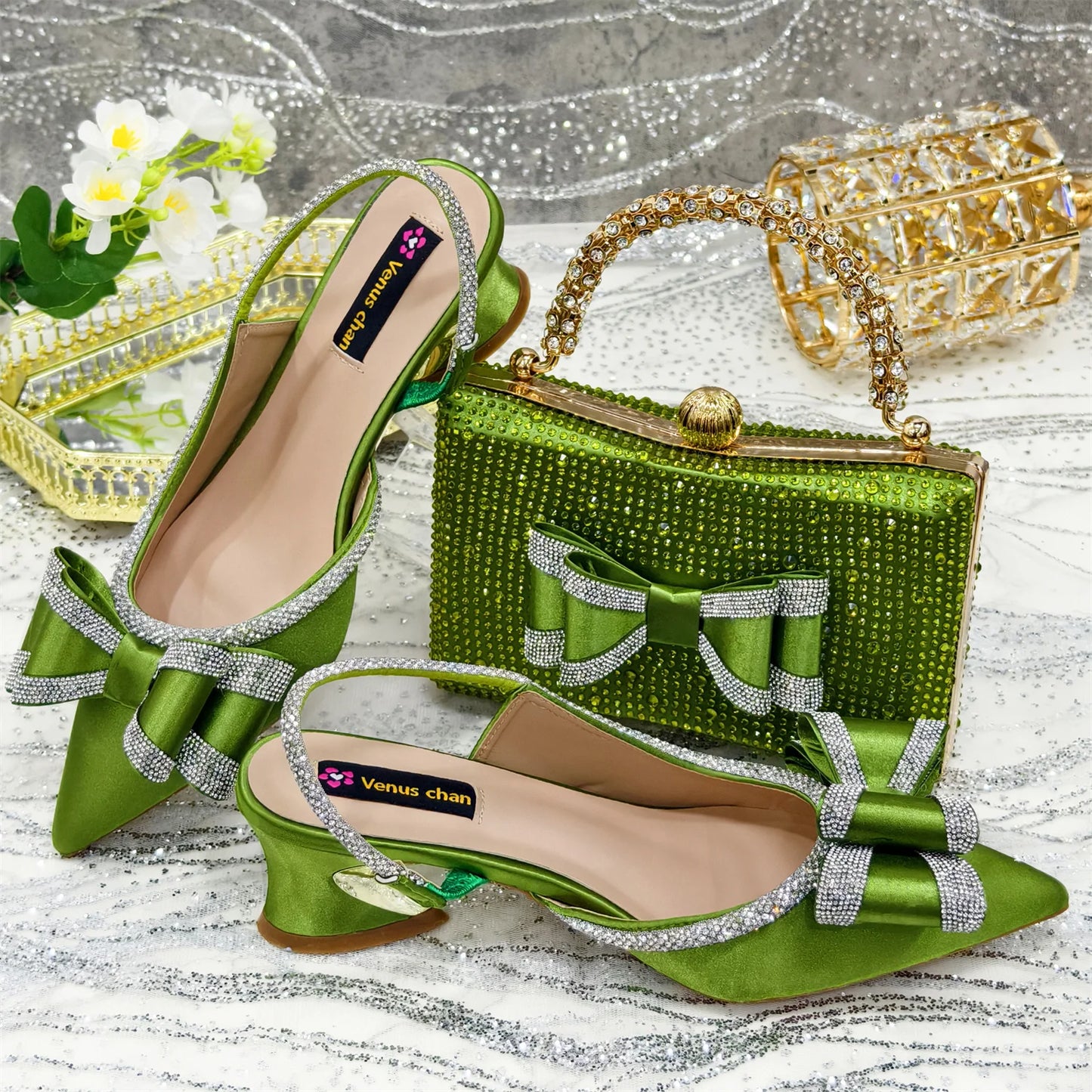 Venus Chan Italy Design 2025 New INS Shoes and Bag to Match Wine Colour Pointed-Toe Rhinestone Bow Party Women's High Heels