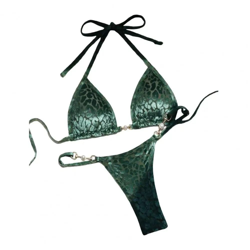 2Pcs/Set Women Bikini Set Leopard Print Halter Bra Faux Pearls Briefs Set Quick Drying Two-piece Lady Swimsuit Beachwear