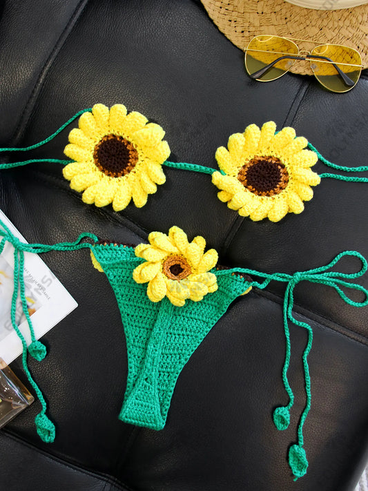 2 Piece Bikini Set 2025 Summer Yellow Sunflower Crochet Swimsuit Suit Set Beach Wear Bikinis Cover-up Women Bathing Suits K224