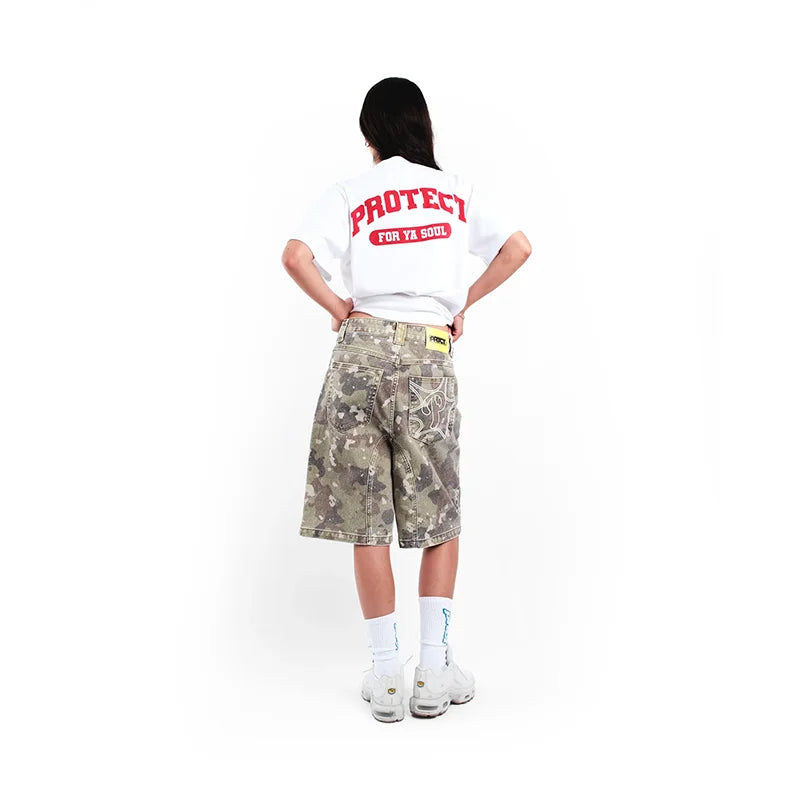 Y2K Washed Distressed Jeans Fashion Geometric Embroidery Camouflage Pattern Denim Shorts Men Women High Quality Trend Streetwear