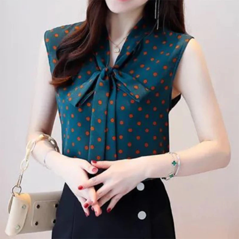 New Summer Office Lady Elegant Fashion Polka Dot Print Bow Lace Up Loose Chiffon Tank Top Shirt Sleeveless Casual Blouses