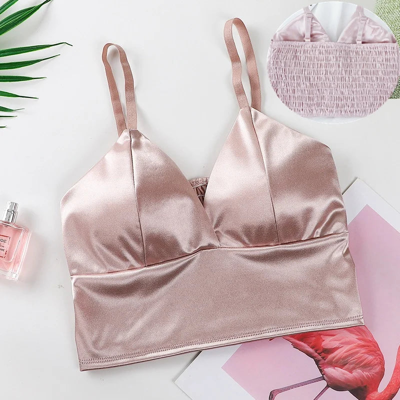 Haut court en satin sexy pour femme, bralette sans fil, bretelles spaghetti, t-shirt court avec poitrine, caraco rembourré