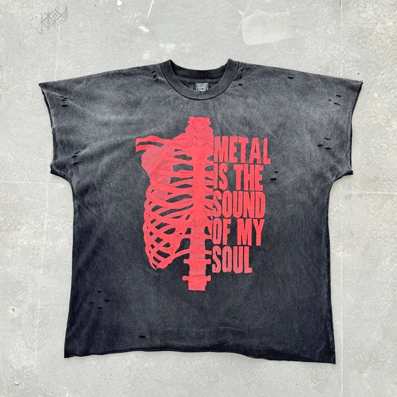 Half Red Skeletons Bone Print Box Tee Hole Damaged Tank Tops T-shirt Men Women Classic Text Graphic Short Sleeve T Shirt Clothes