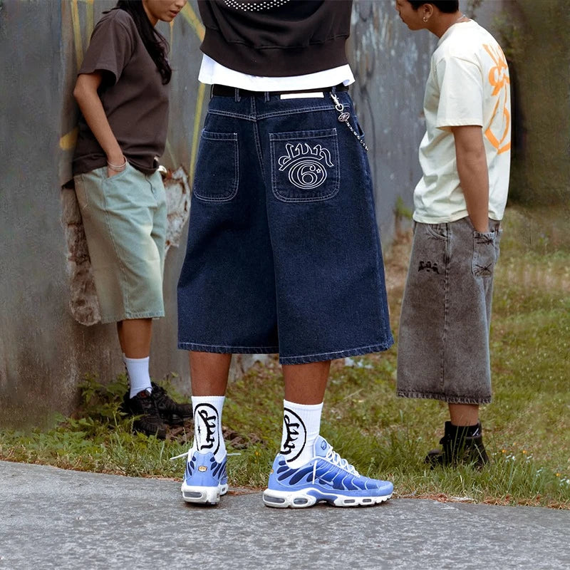 Y2K Fashion Retro Jeans High Quality White Embroidery Logo Casual Loose Denim Shorts Men Women Punk Rock High Waist Streetwear