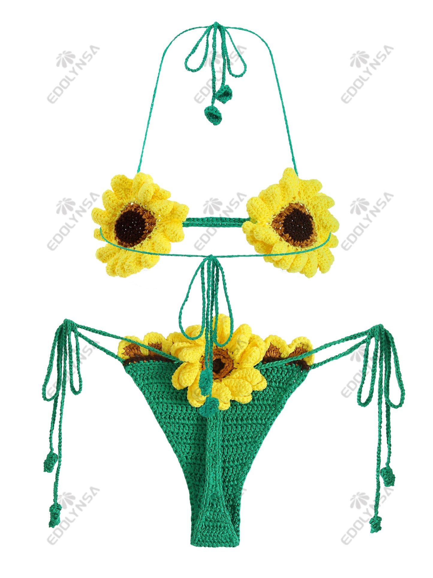 2 Piece Bikini Set 2025 Summer Yellow Sunflower Crochet Swimsuit Suit Set Beach Wear Bikinis Cover-up Women Bathing Suits K224