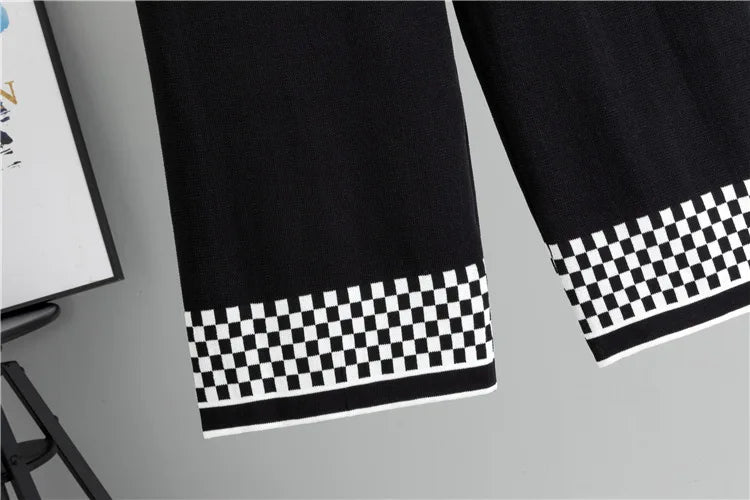 Plaid Design Knitted 2 Piece Sets Women Single Breasted Knit Sweater Cardigan Tops Conjuntos High Waist Wide Leg Pants Outfit