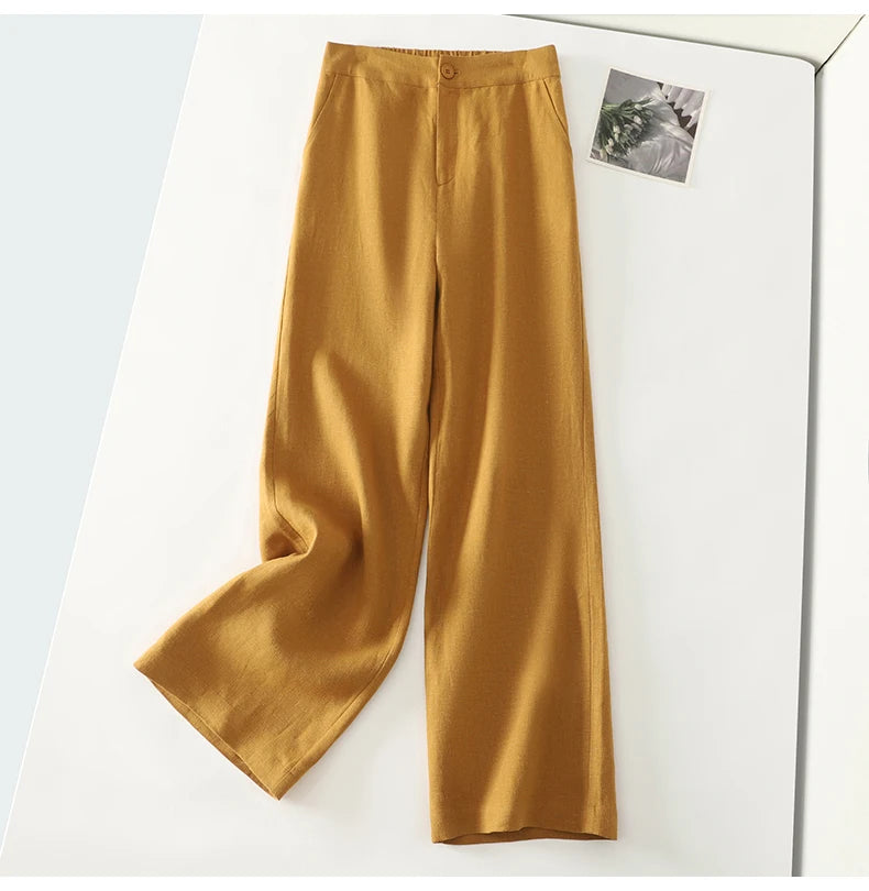 Cotton suit pants female summer new Korean fashion simple literary temperament elastic high waist leisure straight nine pants