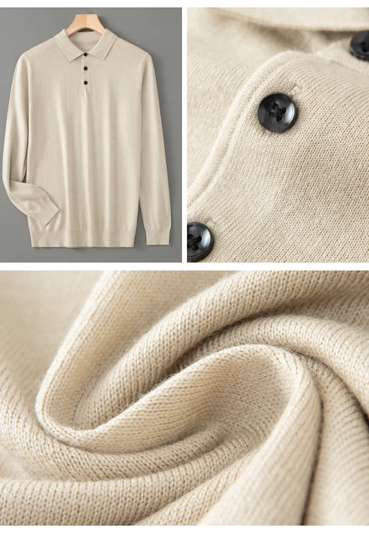 Spring Autumn Men Shirt  Merino Worsted Wool Knitted Pullover Long Sleeve Polo-Collar Clothing Tops Smart Casual Thin Outerwears