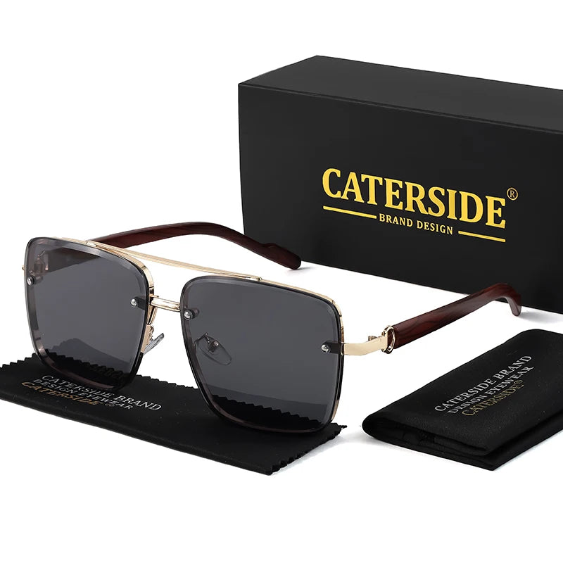 CATERSIDE Retro Wooden Temple Sunglasses Men Square Flat Top Double Bridges Sun Glasses Women Travel Fashion Eyeglass UV400