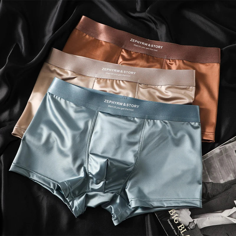 Luxury Ice Silk Satin-like Men's Boxershort Panties 3D Double-layer Crotch Breathable Comfortable Cool Underpants Man Underwear