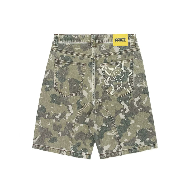 Y2K Washed Distressed Jeans Fashion Geometric Embroidery Camouflage Pattern Denim Shorts Men Women High Quality Trend Streetwear