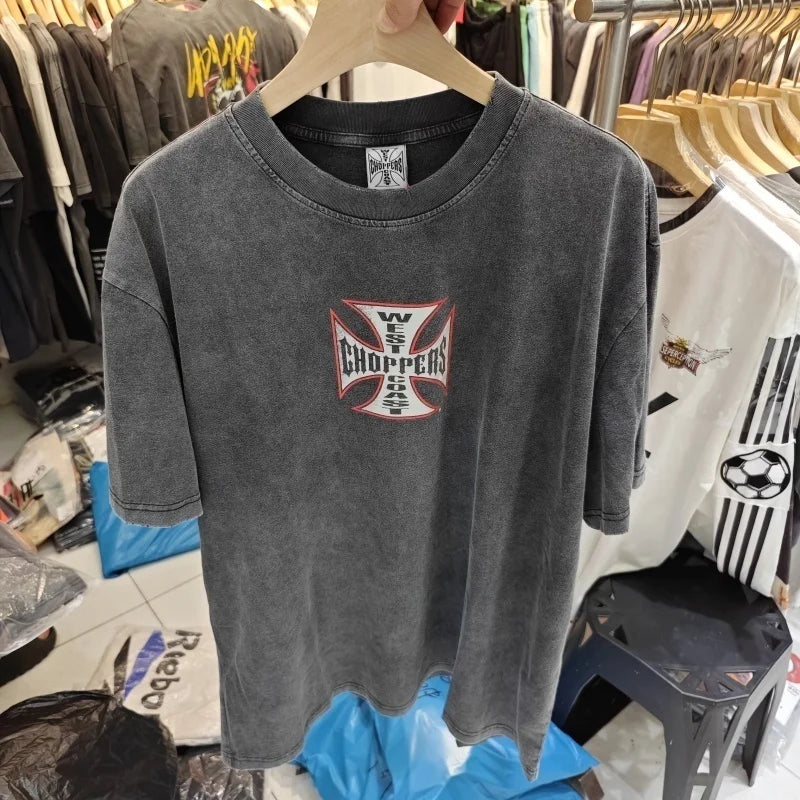 Vintage West Coast Choppers Printed T-Shirt Men's 100% Cotton Breathable Retro Biker Style Loose Fit Casual Streetwear