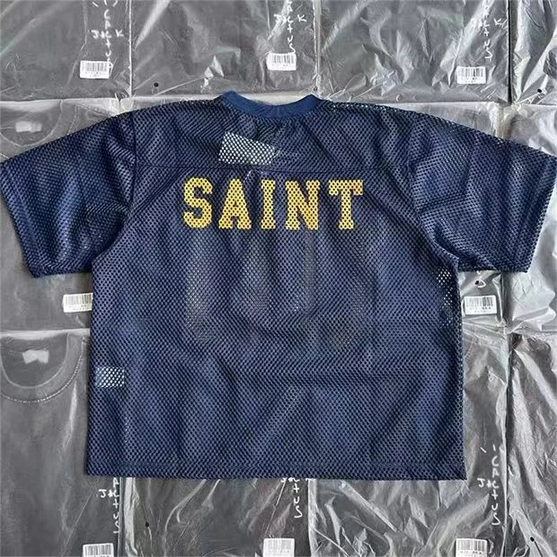 Loose Casual Men Women Mesh Breathable T Shirt Street Clothing Saint Digital Printed Short Sleeve Black Almond Blue T-Shirt
