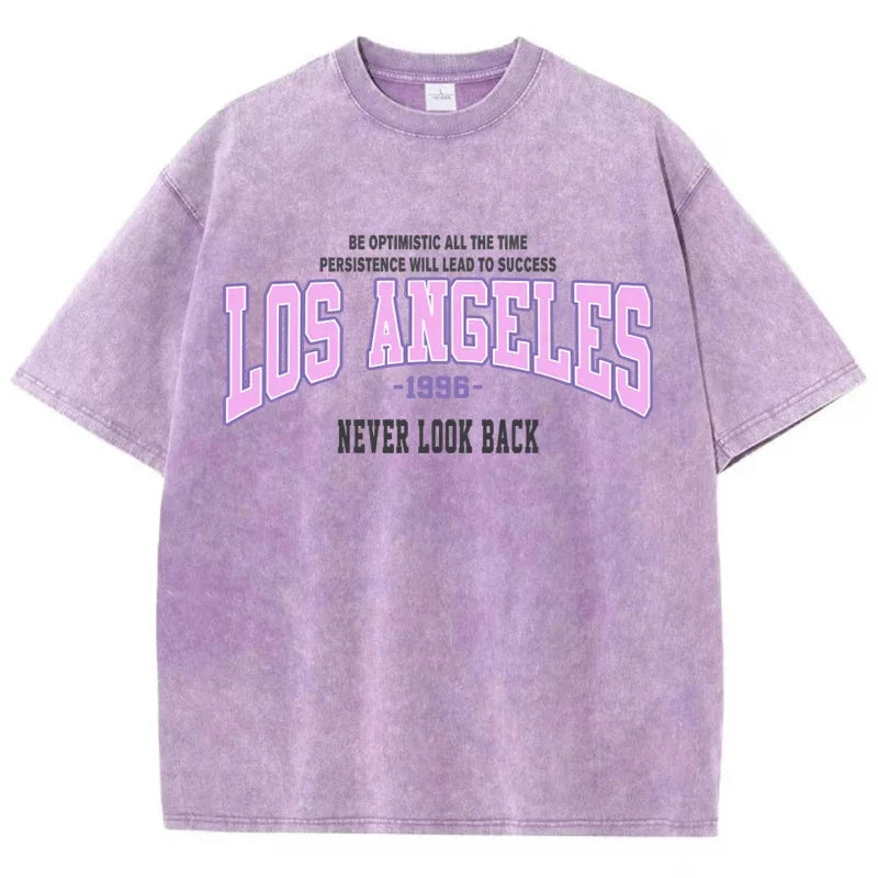 Cotton Washed T-Shirts Trend Distressed Loose Tees Los Angeles 1996 Printing Short Sleeve Summer  Clothes