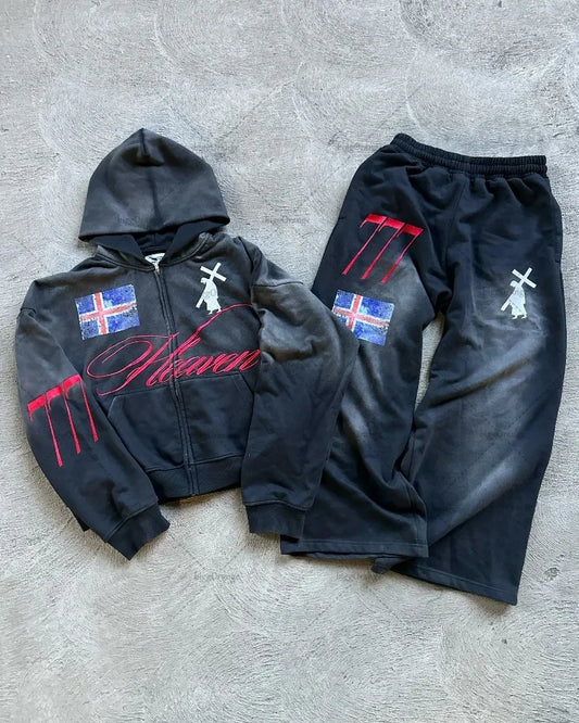 New Trendy Brand Harajuku Streetwear Men's Two-piece Set High Street Retro Casual Zipper Hoodie Vintage Casual Sweatshirt Women