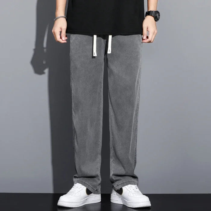 Summer Soft Lyocell Fabric Men's Jeans Thin Loose Straight Pants Drawstring Elastic Waist Korea Casual Trousers Plus Size