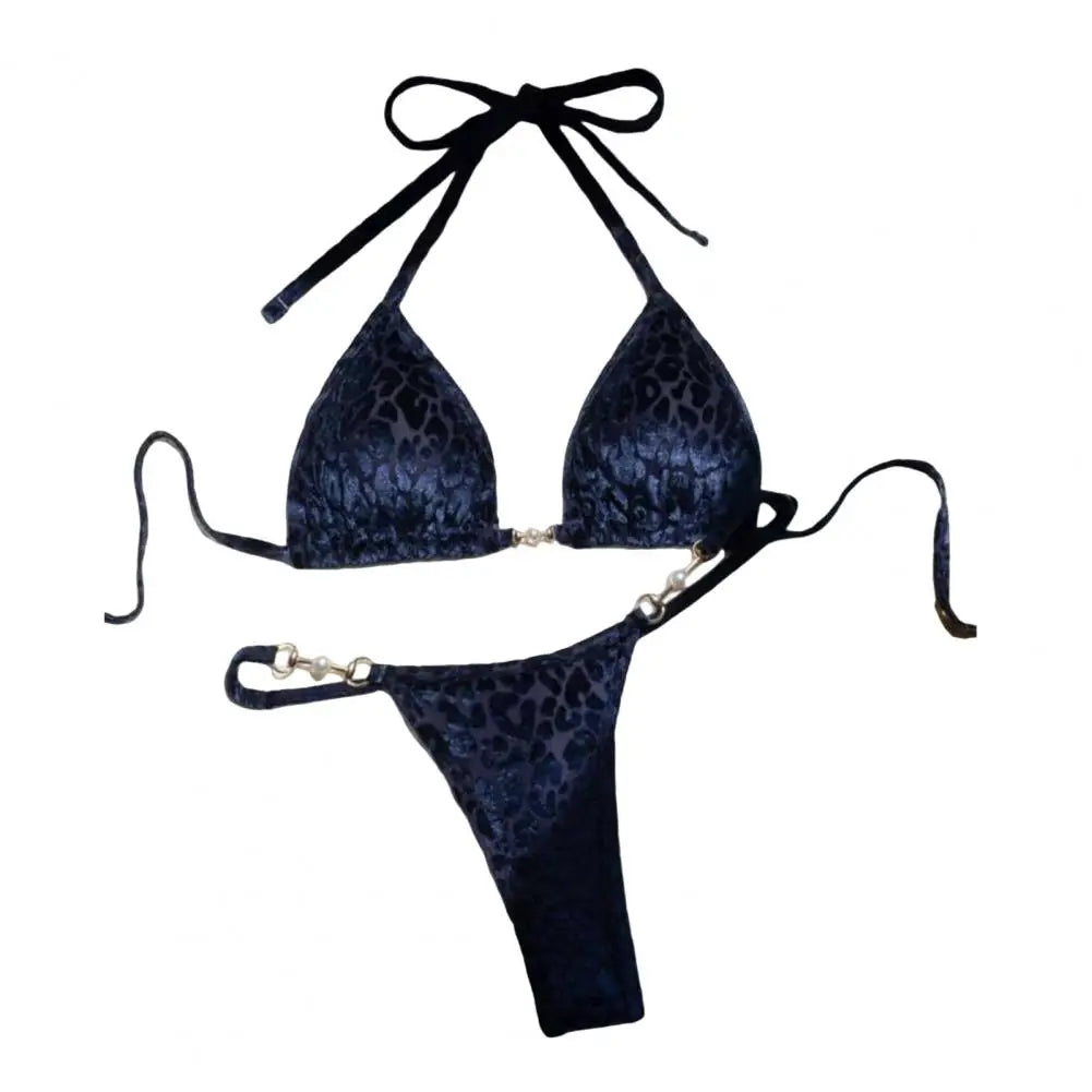 2Pcs/Set Women Bikini Set Leopard Print Halter Bra Faux Pearls Briefs Set Quick Drying Two-piece Lady Swimsuit Beachwear