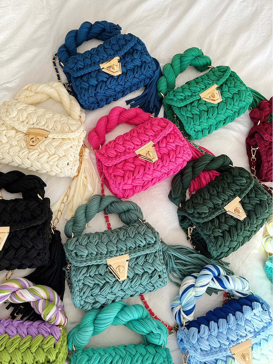New Handmade Woven Women's Crossbody Bags Thread Hook Knitted Shoulder Bag Colorful Strip Chains Bags for Women Small Purses