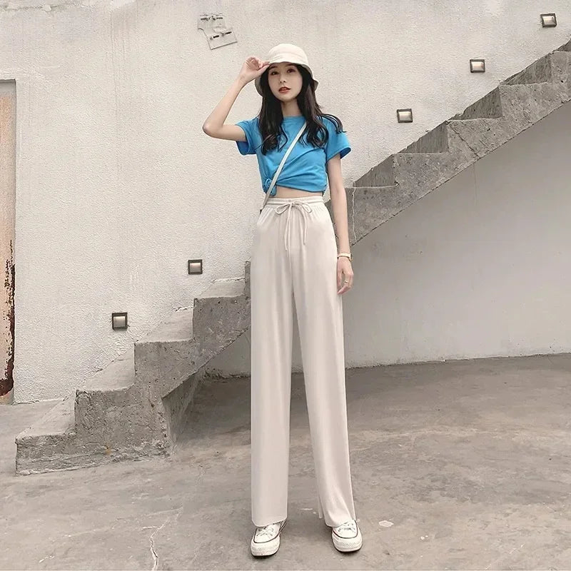 2025 Summer Thin Ice Silk Wide Leg Pants Women's Fashion Trendy Brand High Waist Comfortable Casual Loose Large Pants