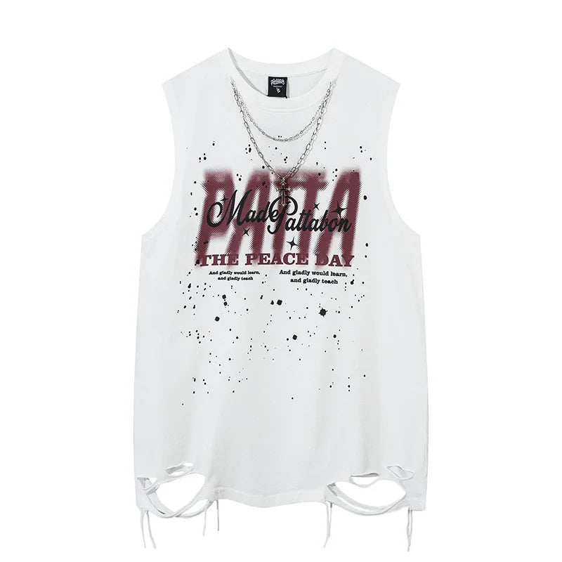 Hip Hop Tank Tops Men's Vintage Letter Graphic Sleeveless T-Shirt Streetwear Hole Harajuku Dancing Breathable Tops with Necklace