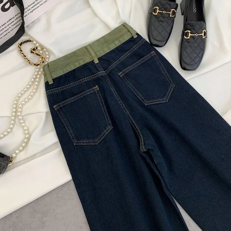 Korean Design Drawstring Baggy Straight Jeans Women Vintage Casual High Waist Wide Leg  Denim Pants Streetwear Loose Vaqueros