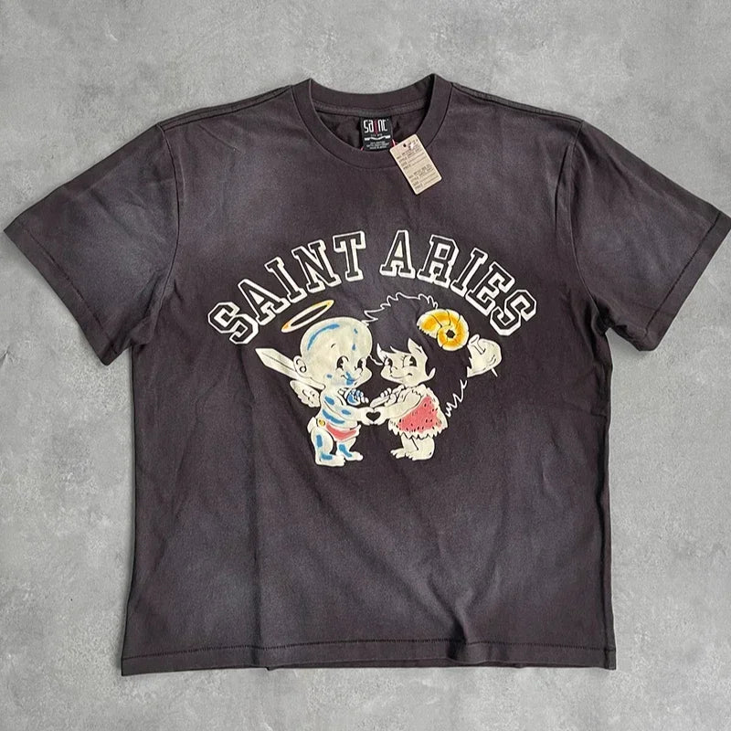 Saint High Quality Casual Loose Smiling Print Men T Shirt